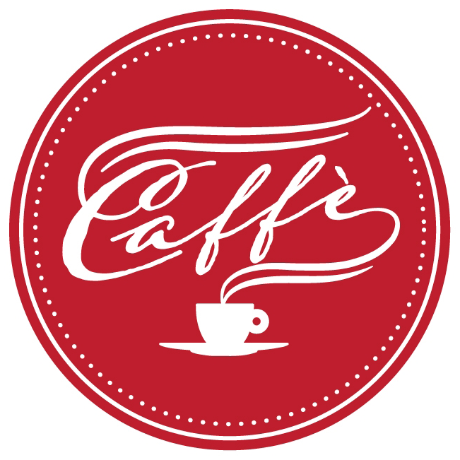 Logo in red and white spelling out Caffe with illustration of a coffee cup with steam rising